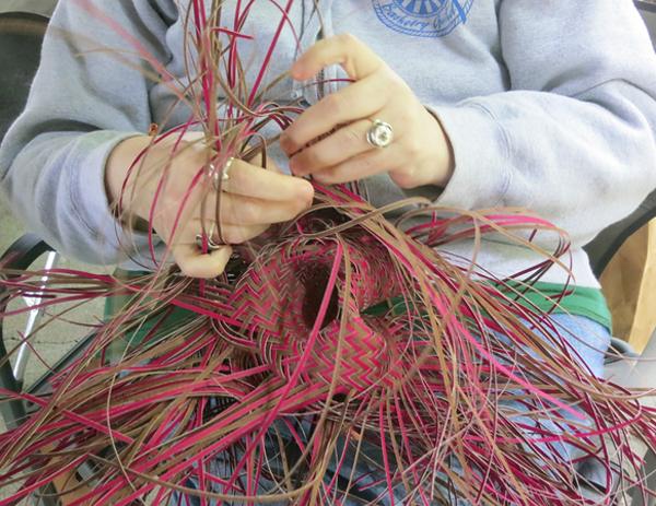 Displacement in process, watercolor paper, acrylic paint, waxed linen thread, 2012, 9 x 14 x 8", diagonal twill woven basketry, sewn rim, Photo: Jill Green

