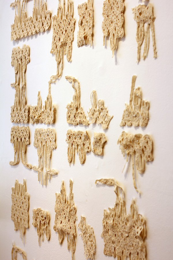 Porcelain 'wall paper' – detail, 2011, Paper and free-motion embroidery burnt away, porcelain. Installation scale varies, Photograph: Lizz Aston