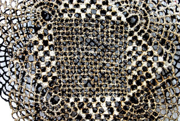 Optical Lace Repeat – detail 2, 2011, 27.5cm h x 29 cm w x 5 cm d, Paper, free-motion embroidery, Thread, konnayaku starch, burn-out. Photograph: Lizz Aston