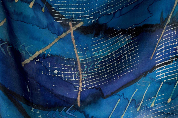 Element of Line I, 05/2012, 24x24x2 cm. 100% silk, Fibre reactive Smocked hand painted silk, Dyes, gutta and fabric paint, photo: B Hilts.