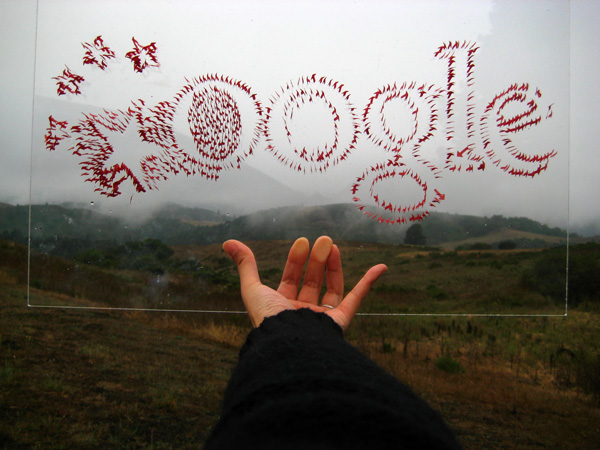 Landed, lutradur, paint, plastic glass, cutting, photography, 21"(w) x 14"(h) x .5" (d), photo: Xia Gao