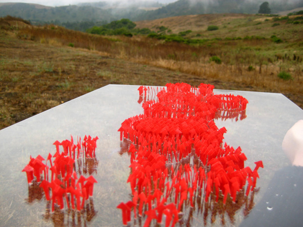 Landed, lutradur, paint, plastic glass, cutting, photography, 21"(w) x 14"(h) x .5" (d), photo: Xia Gao