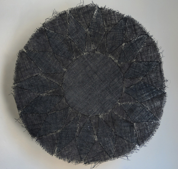 Misty Shapes, size 45"diameter, Medium: burlap, thread, dye, glue.