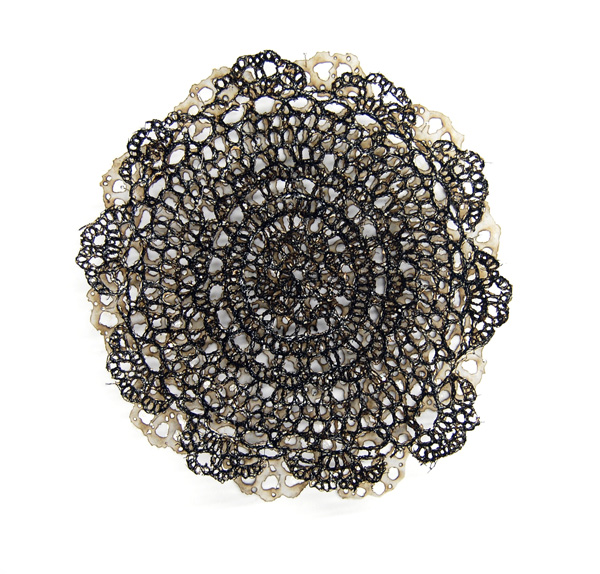 Love Lace - Antiquated Notions #10, 2011, 25 cm h x 25 cm h x 5 cm d, Paper, free-motion embroidery, Thread, konnayaku starch, burn-out. Photograph: Lizz Aston