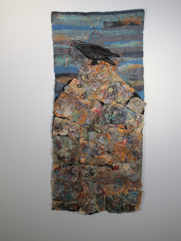 King of the Junkpile, assorted fabrics, wires, washers, collaging, hand quilting, 14"x32", 2011, photo: Joanne Young