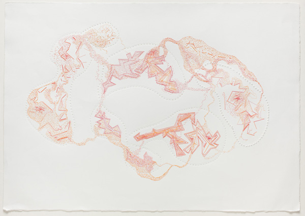 Disassembly, 22"h x 30"w Single strand waxed cotton embroidery floss, 6 colours, on Rives paper. Large perforations made on an industrial sewing machine; infill stitching/drawing all done by hand using a beading needle. Photo Credit: R. Hensleigh.