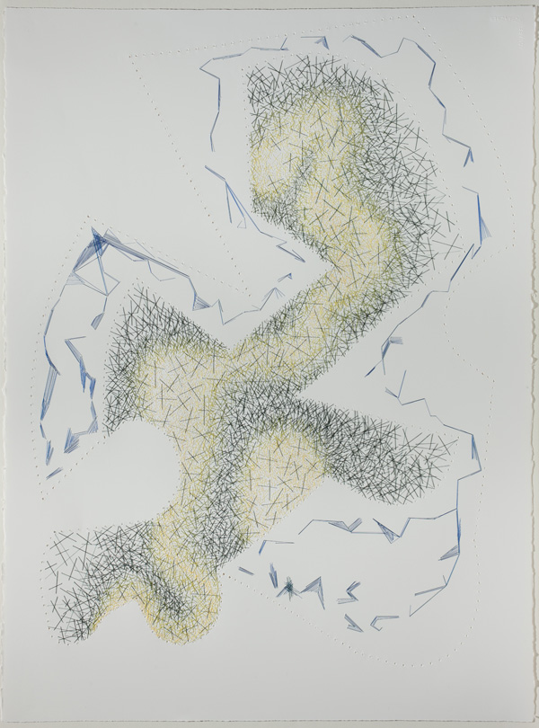 Slipping the Trap, 30"h x 22"w Single strand waxed cotton embroidery floss,4 colours, filament silk sewing thread, 4 colours, silk twist, one colour, on Arches 150 lb. hot press, w/c paper. Large perforations made on an industrial sewing machine; infill stitching/drawing all done by hand using a beading needle. Photo Credit: E. Wheeler.