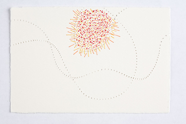 Appendicitis, 4.5" h x 6.75" w Single strand waxed embroidery floss, 3 colours, on Medioevalis cardstock; Large perforations made on an industrial hemstitching machine; infill stitching/drawing all done by hand using a beading needle. Photo Credit: R. Hensleigh.