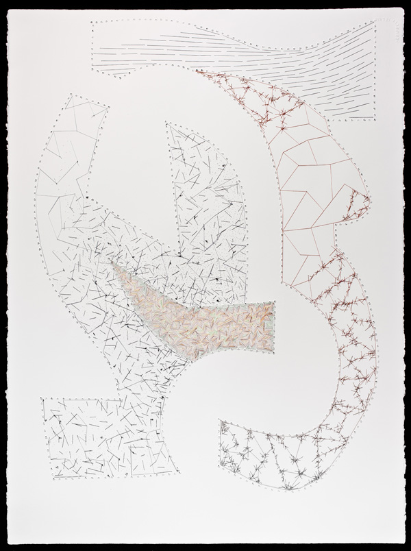 Damascene, 30"h x 22" w Single strand waxed cotton embroidery floss, 7 colours, filament silk sewing thread, 5 colours on Arches 150 lb. hot press w/c paper. Large perforations made on an industrial sewing machine; infill stitching/drawing all done by hand using a beading needle. Photo Credit: R. Hensleigh