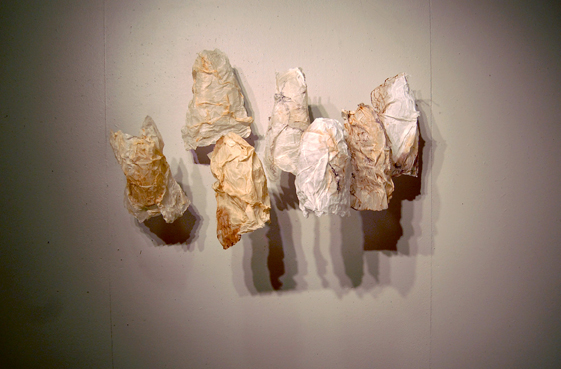 I'm Writing This Letter piece, 2011, ~60 H x 90 W x 30 D cm (size variable depending on installation), stiffened tissues, wax, oil pastels. Technique: fiber stiffening, encaustics, photo: Megan Bostic