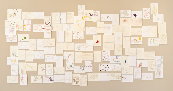 Threadlines Sketchbook Installation, 4' h x 8' w, 110 individual hand-stitched Medioevalis and Arturo cardstock using single strand waxed embroidery floss and/or filament silk sewing thread. Each card measures 4.5" x 6.75". Photo: R. Hensleigh.