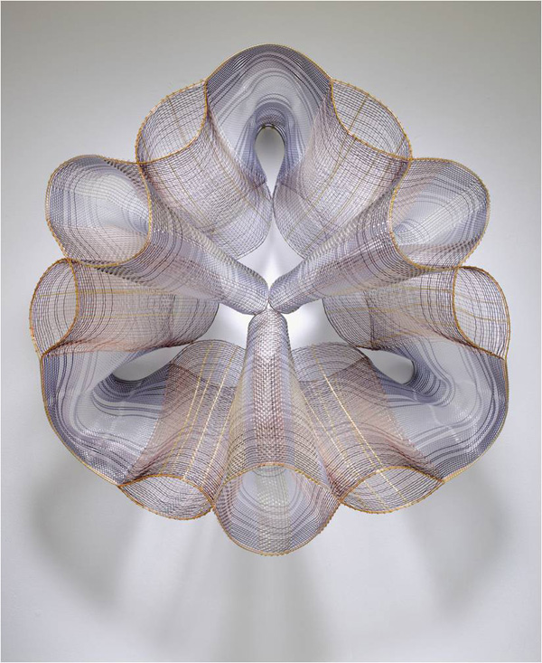 Albedo, 2008. Copper, brass and plastic filaments. Double-cloth on 4 harness floor loom. Acid dyed nylon. 31" x 31" x 17"