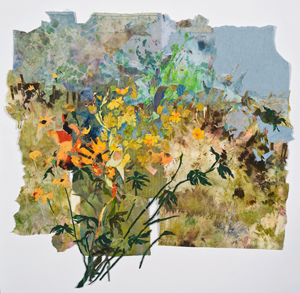 Fragment of Eden, 45"x42", artist's brush cleaning rags, painted and printed deconstructed clothing and linens, plastic net wine bottle holders, hand printed fabric, machine stitching. Photo: Susan Byrne Photography.