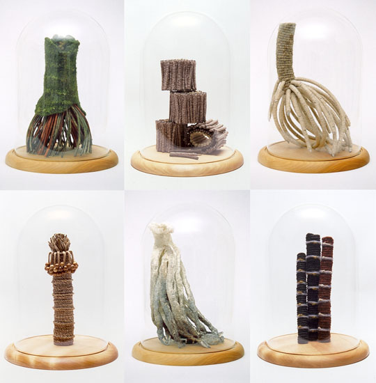 Tree Museum, 13" x 9" x 9" (each piece), paper core, reed, paint, yarn, thread, fleece, medium, Fibre Technique: wrapping, sewing, basketry, tying, beading, felting.