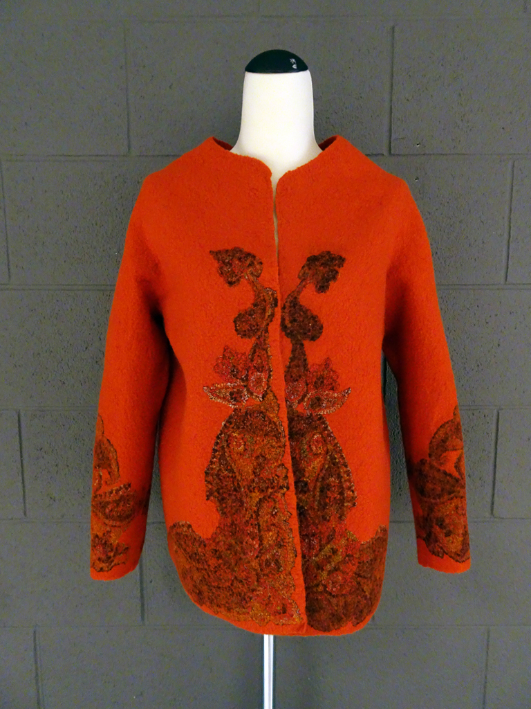 Julia Kozyreva: Felted jacket in ethnic style. Made from merino wool and silk scarves.  Technique: wet felting   Size S-XS.