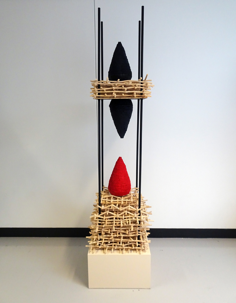 Eva Ennist: NESTING: Continue, 2017/18, 182.88cm x 48.25cm x 48.25cm, reed, cast resin, wood, steel, paint. Techniques: weaving, coiling, casting. Mounted on wood base.