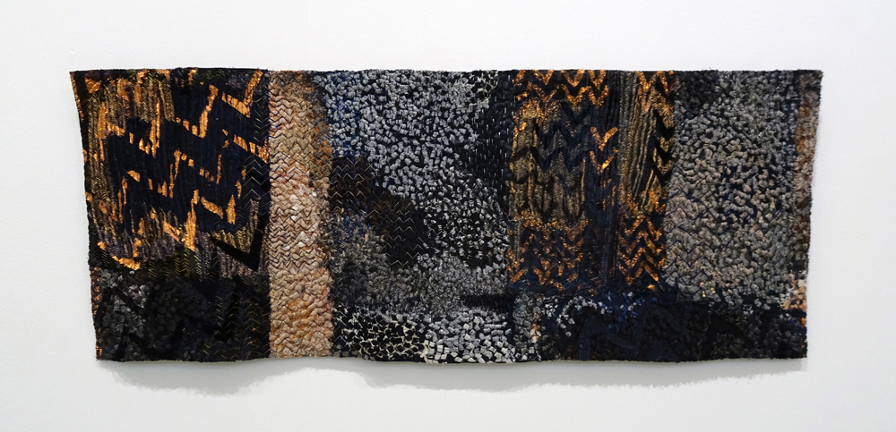 Hazel Bruce: Space Pattern Place 2,  2018 (120W x 40H cm x 0.2) Industrial machine embroidery, hand stitch, collage, applique. Linen and silk.