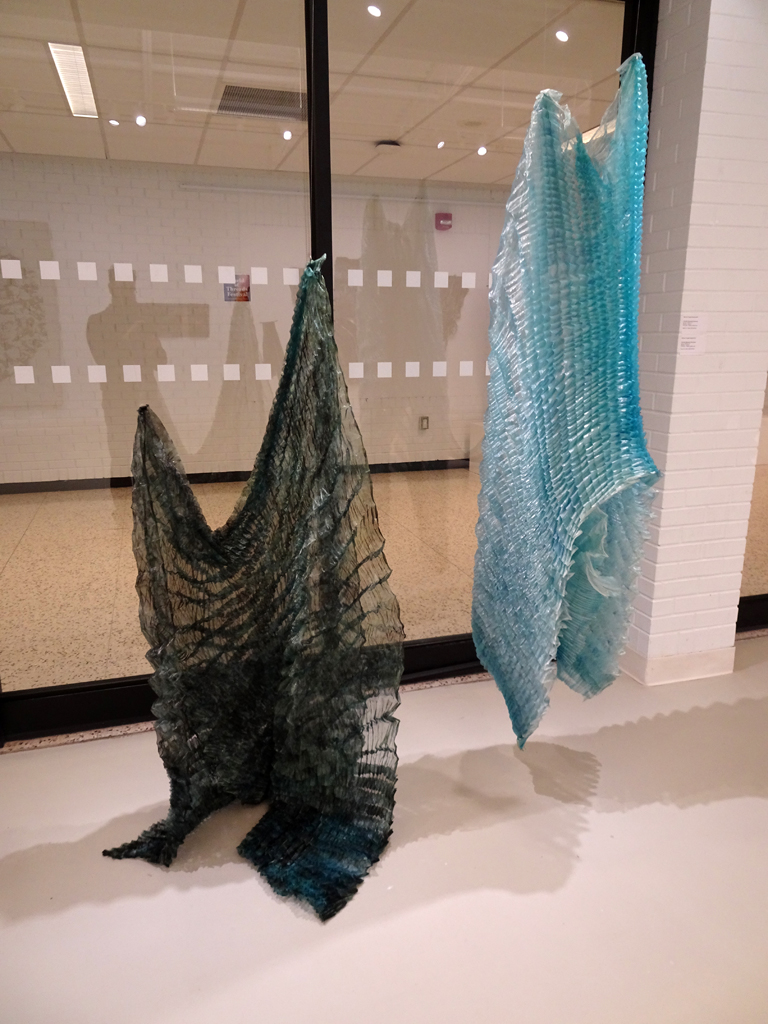 Charlotte Ostergaard: WaWe 9 and 11, 2018, 120H ☓ 90W ☓ 40D, organza. Techniques: pleating, bafixan print.