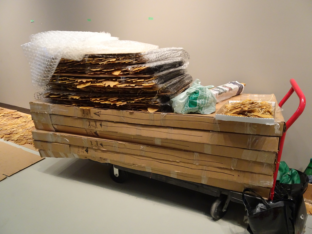 Step 1: Boxes of leaves arrive for Penelope Stewart's large installation.