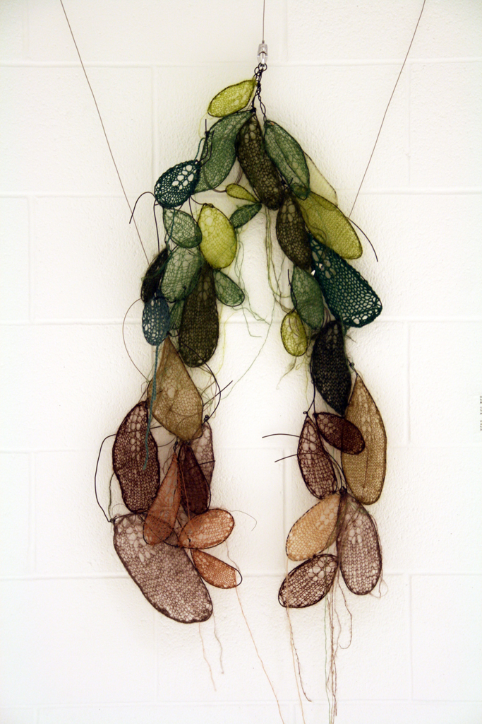 Brown is the New Green (wire version), 2015, 81L x 48W x 2.5D cm, wool yarn, wire, thread, Technique: Hand Knitting, Fulling, Sewing, Assemblage.