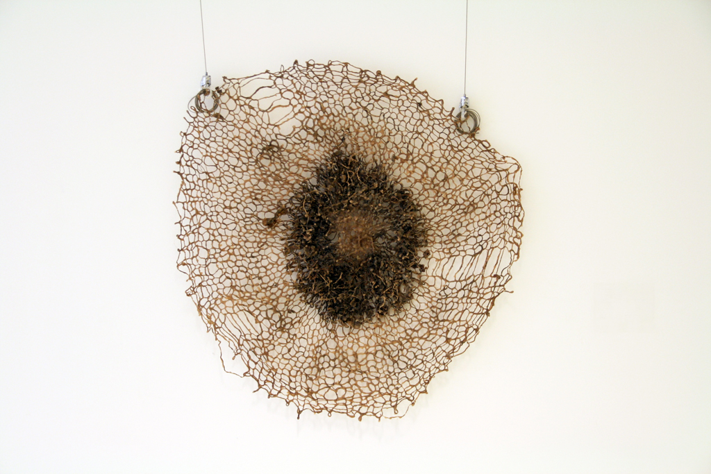 Chronicling of self,  Narrative of the mind, 2015, 64H x 60Wx 4D cm, nettle yarn with grass, clover and bees wax. techniques: knit, wax dipped. Photo: Lawrence Cook.