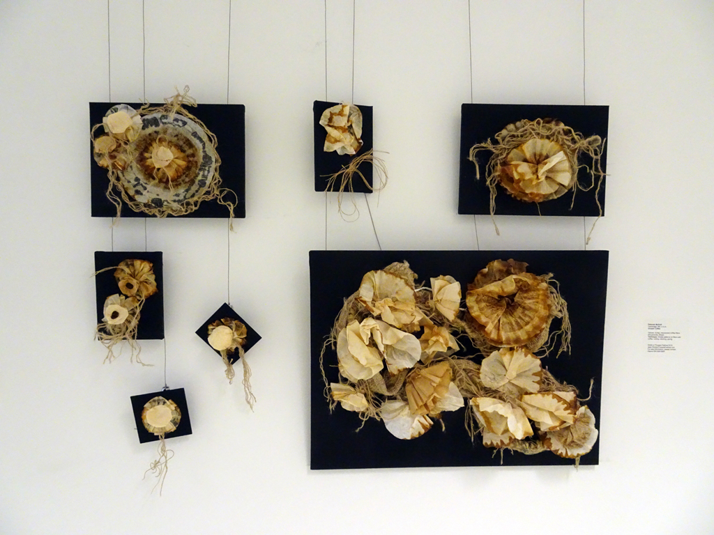 Growth Coffee, 2016, 20”H x 64”W x 6”D, mixed media on canvas and wood, repurposed coffee filters and grinds, burlap.