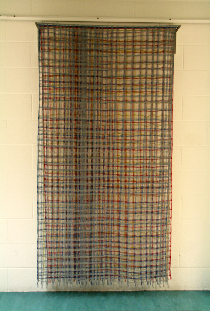 Extruded Plaid, 2015, 78h x 43w x 7d inches, Four hand-woven linen. Technique: woven on a jack floor loom.