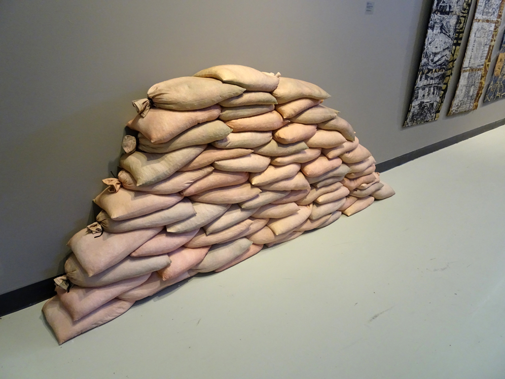 Floodwall, 2016, 36” H x 12” D x 90” W, knit cotton jersey digitally inkjet printed with image of artist’s skin, sewn with cotton thread and tape, filled with rock salt.