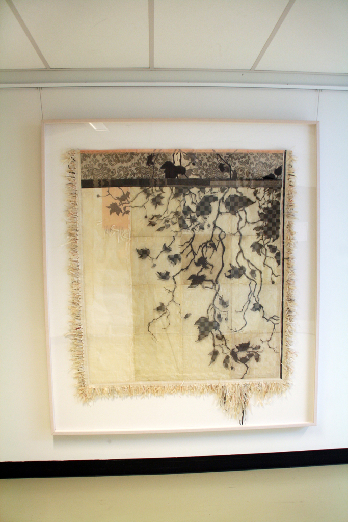 For Dreams of Hanging Gardens, (blankt) 2013, 65” inches x 75” inches, woven and hand stitched etchings on fine handmade Japanese papers, framed.