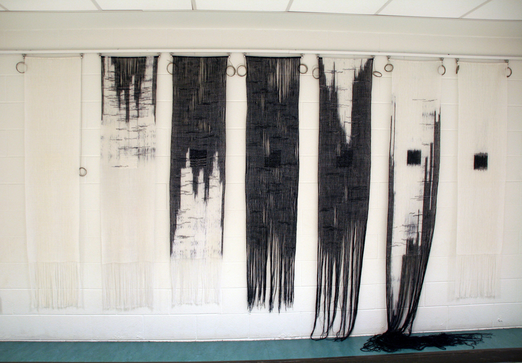 REpetition REcollection REaction, 2014, 275H x 457W x 1D cm, linen warp and weft, Technique: Hand woven, Ikat dyed, supplementary weft.