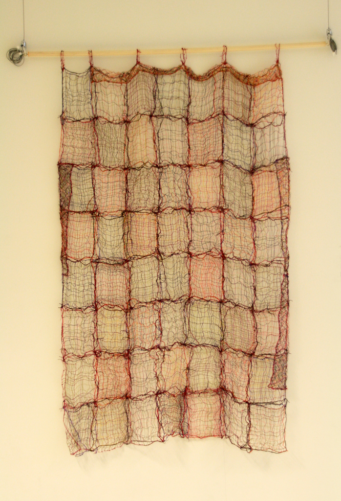 Thread Quilt #1, 2016, 123 H x 82 W x 5 D cm, cotton, polyester, and waxed linen thread, Technique: machine sewing on Solvy sheets, hand tied. 