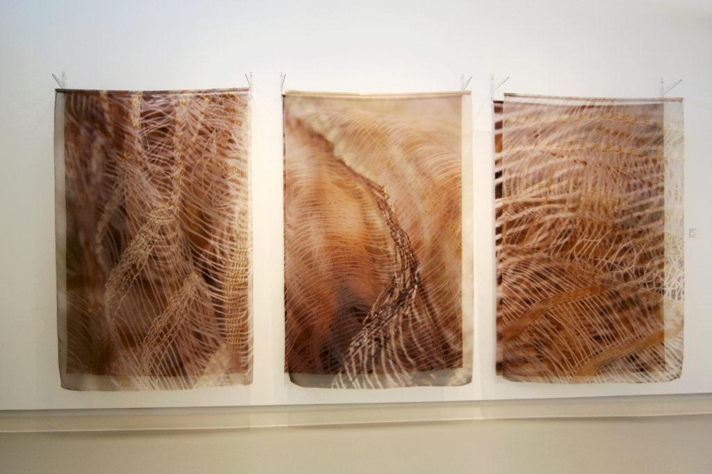 Catherine Dormor, 
Shimmer I, II & III, 2011, each 200 x 130 x 30cm, digital print on silk satin and silk organza.