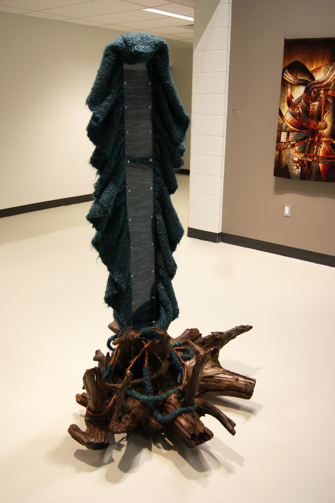 Tree Spirit, 2011, 180 H x 90 W x 90 D cm, Plexiglas, wood root, copper wire, jute, Technique: loom construction.