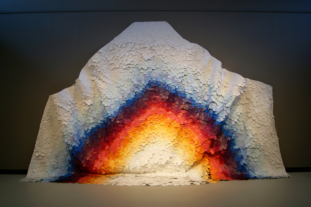 Time Doesn’t Go Anywhere, It Only Adds Up, 2011, 22 H x 49 W x Varied D Ft), Assorted Paint Swatches, Clear Vinyl, Hot Glue, Velcro
Technique: Feather Cloth.