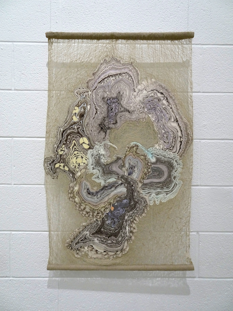 Szilvia Revesz: Qi, 2017, Medium: sumi ink and fabric dye on paper, with urauchi yoshi (kozo fiber) backing, polyester thread, silk thread. Technique: Suimonga monotype printed on paper, machine stitched connecting web created on water-soluble material
Dimensions: (39.5”27.5”x 0.5”), Mounted.