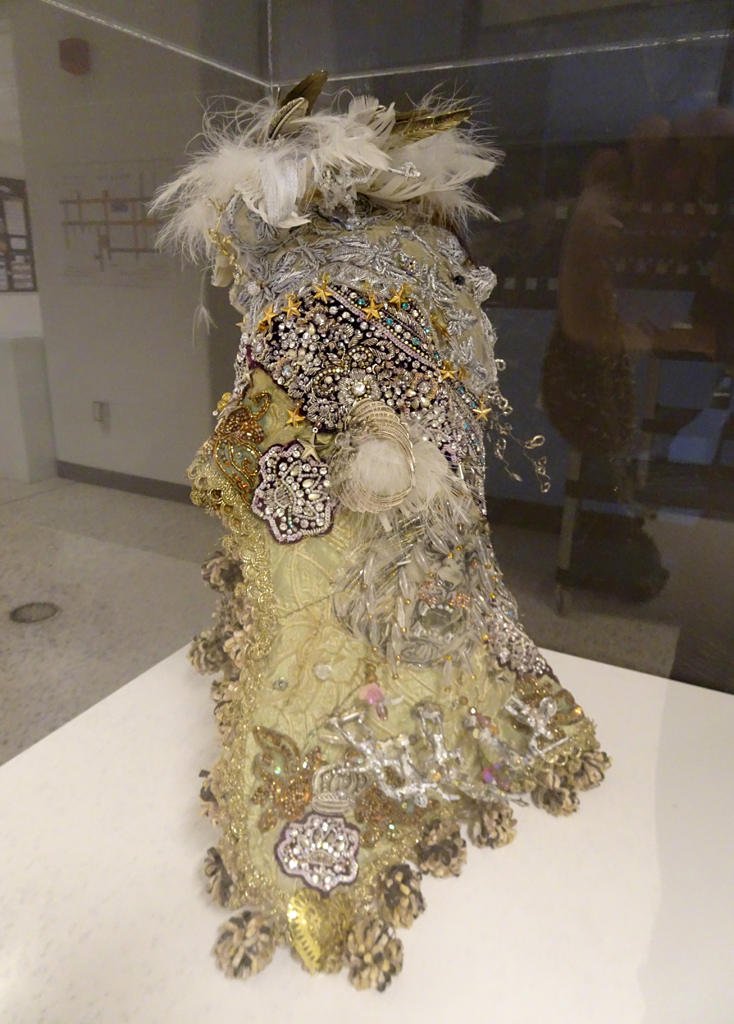 Jacqueline Treloar: War Ceremonial helmet for the great archangel Michael, 2016, 22x 17 x 8 inches, stiffened tatting, gel mediums, stitching, beads, feathers, finding tassles.
