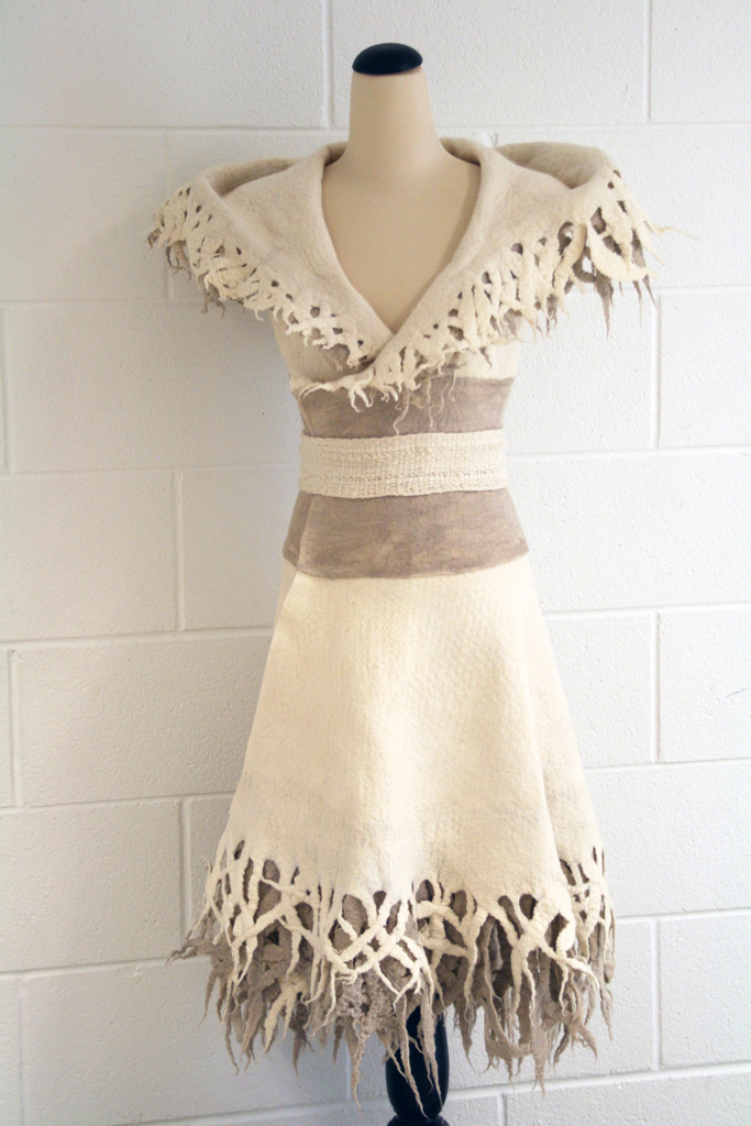 Gestation (Nine Months), January 2015, 38”x 25”x 7.5( waist depth)”, Merino wool, tussah silk, tea, ferrous sulfate, Technique: wet-felted. Photo Credit: Drew Gilbert.