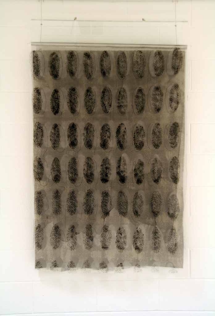 Losing Touch, 2015, 135 H x 97 W x 30 D cm, Textile. Cotton, organza, wool, netting. Technique: Discharged, felted, painted, machine and hand stitched.