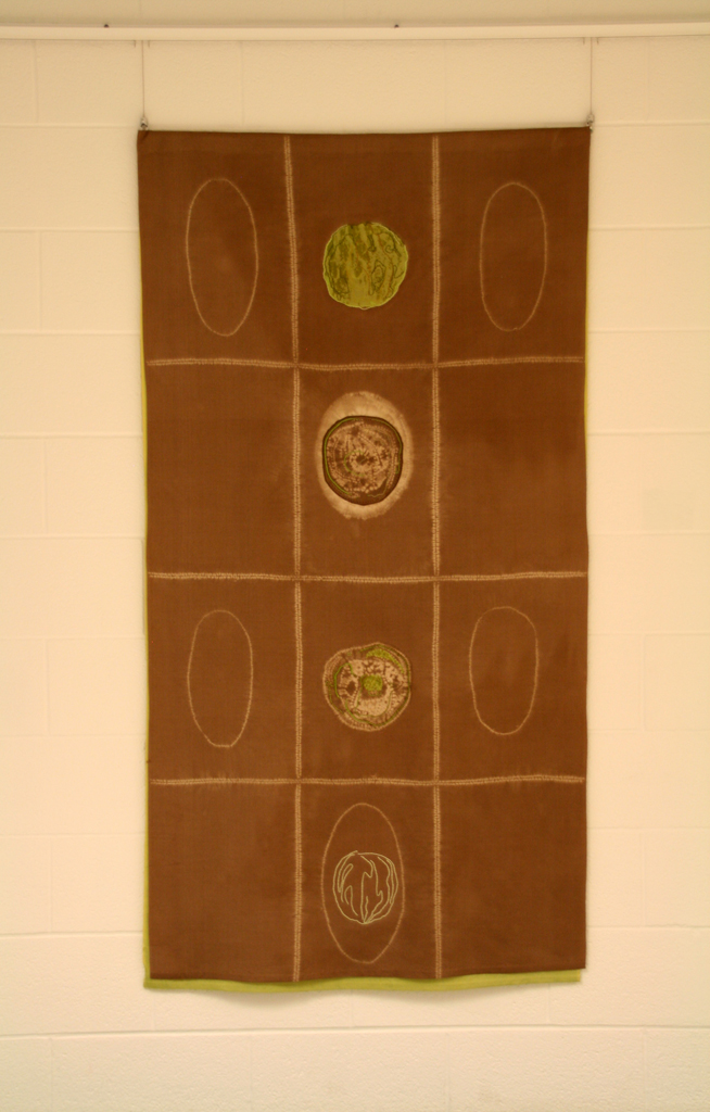 Walnut Game, 2014, 36x72" shibori, stitching, collage on silk.