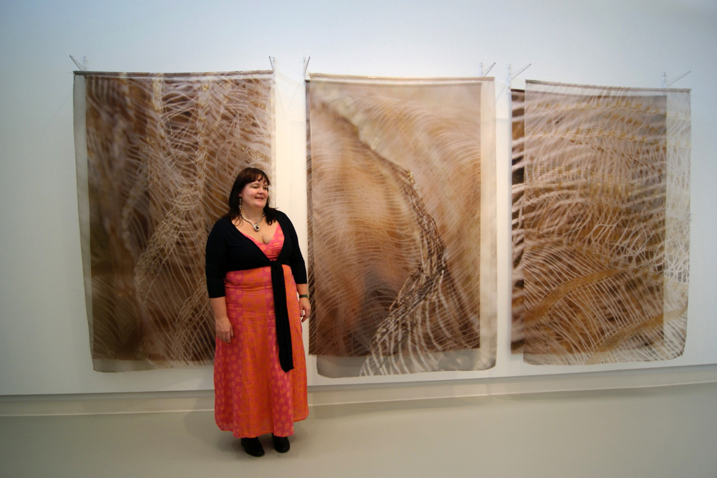 Artist Catherine Dormor at the opening of the Quiet Zone exhibition, World of Threads Festival 2012.