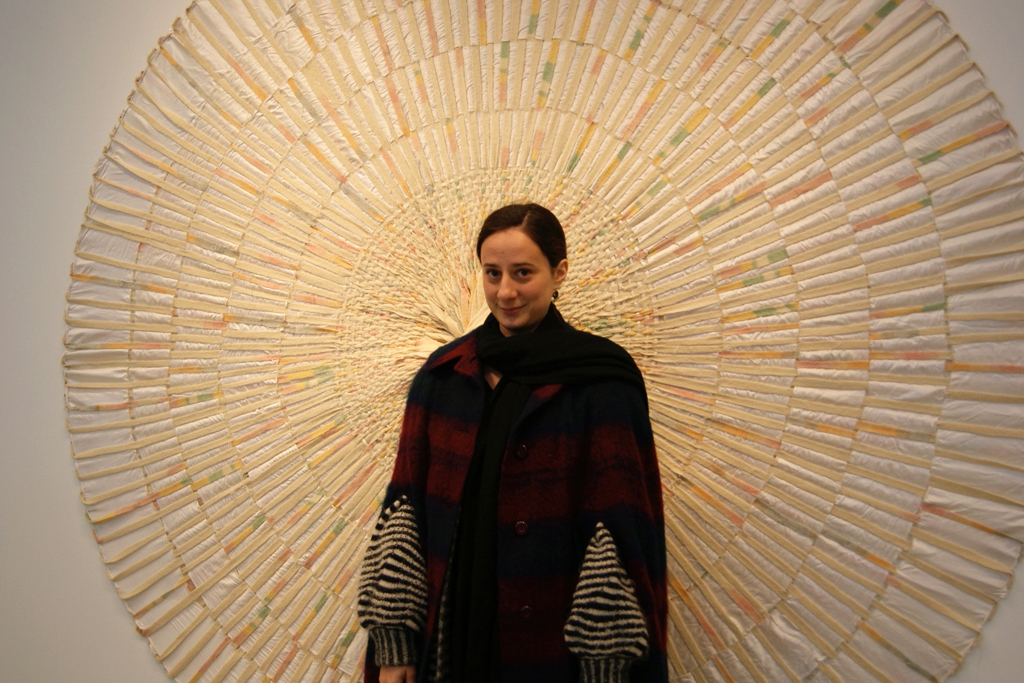 Artist Lisa DiQuinzio at the opening of the Quiet Zone exhibition, World of Threads Festival 2012.