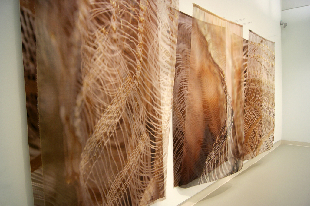 Catherine Dormor, 
Shimmer I, II & III, 2011, each 200 x 130 x 30cm, digital print on silk satin and silk organza.