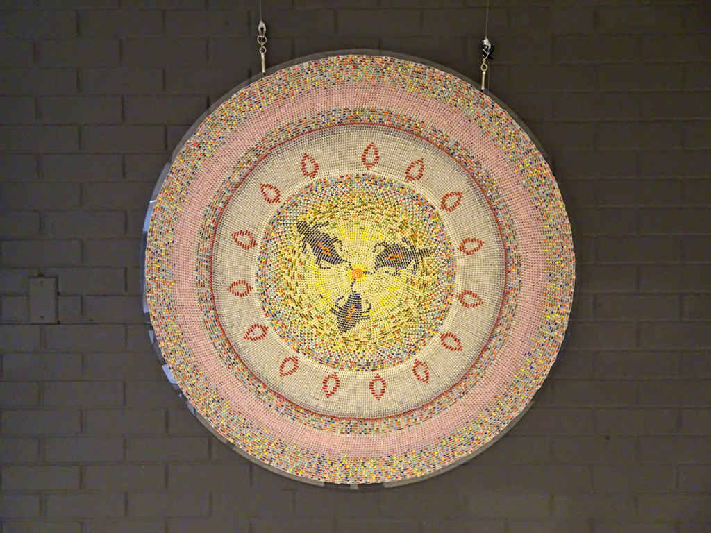 Sarabeth Trivino: Constellation I, 2016, 65 cm of diameter (large), 20 cm of diameter (two small), cotton, plastic beads, plexiglas. Technique : crochet. 