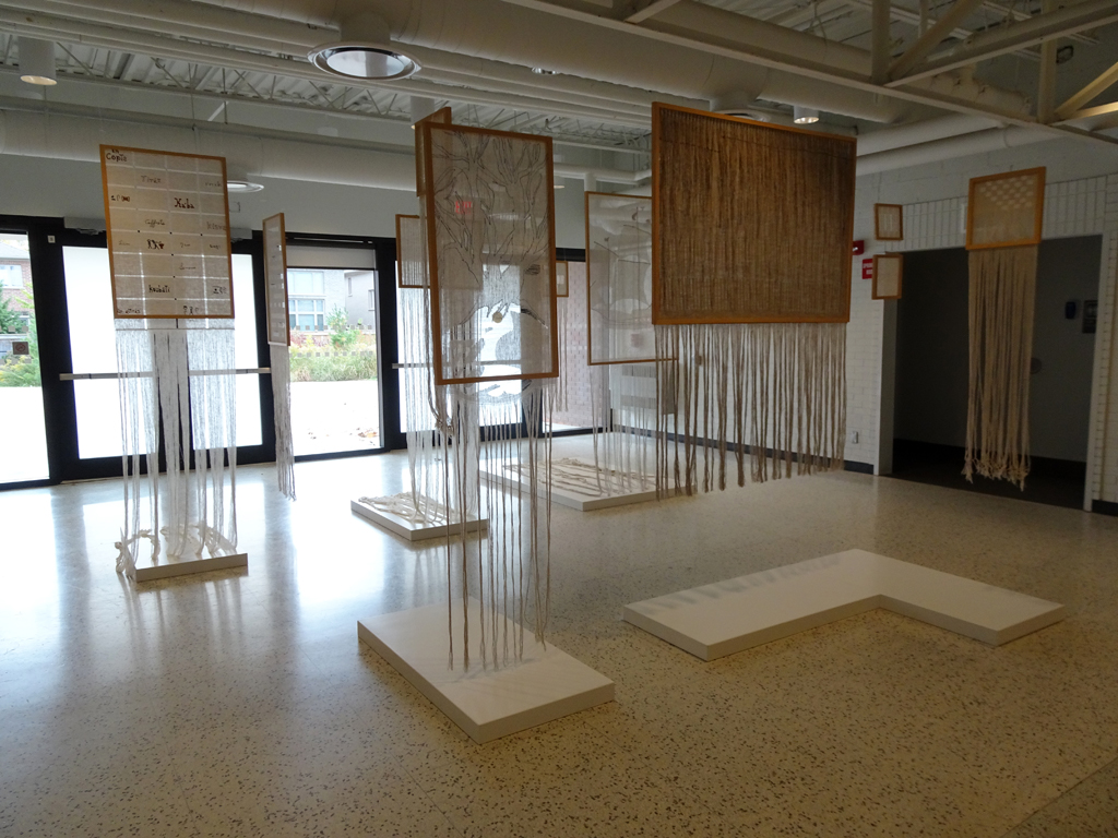 Colette Balcaen: From One Window To Another, 2017, 4 x 5 meters, varied linen panels sandwiched between wood frames, individual sizes from one meter wide to 15 cm.