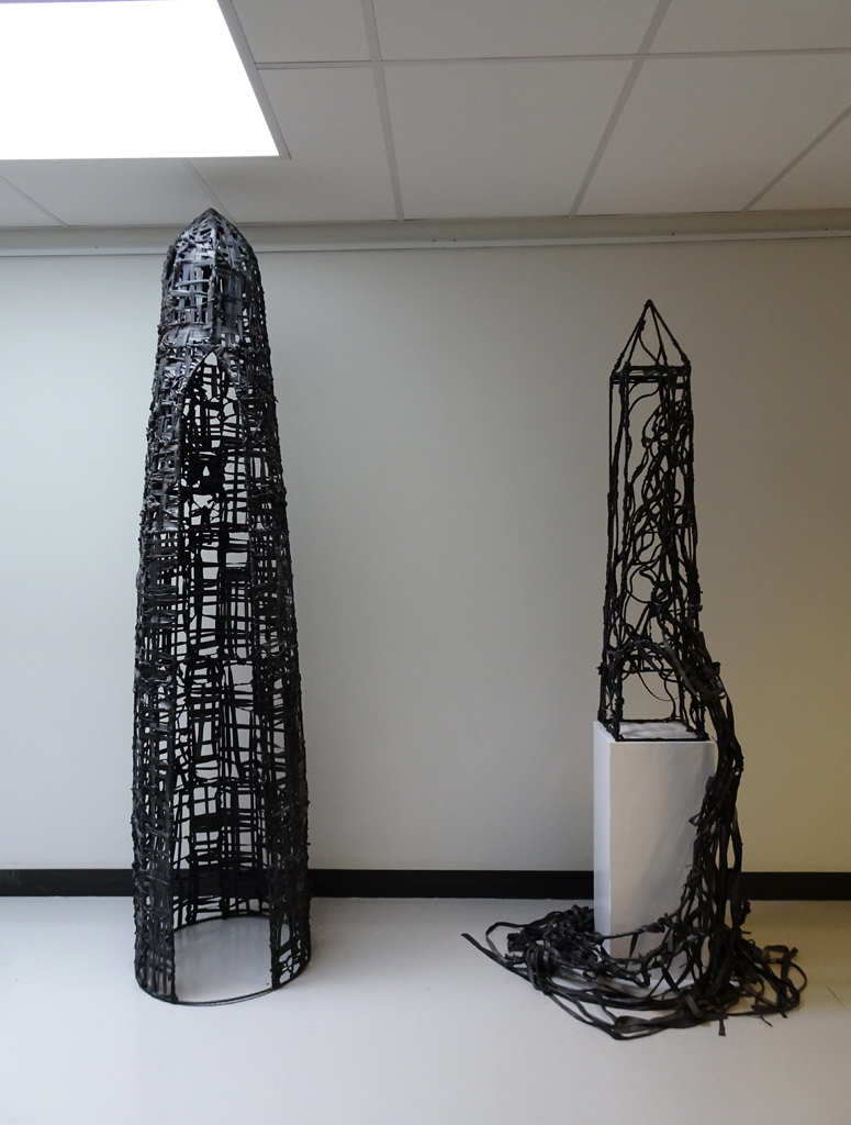 Julia White: WATER Shadows- Water Temples 7, & 2, 2016, steel, recycled bicycle inner tubes, masonite. Technique: free-form weaving, knotting, wrapping. Free-standing.