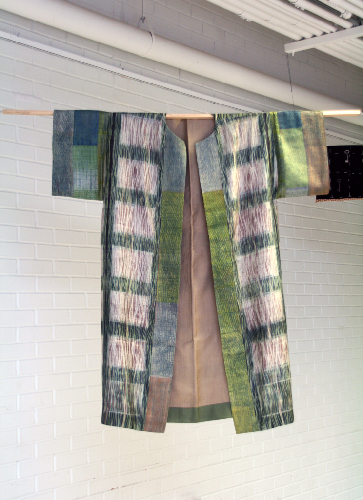 Foliage Kimono, 2015, womenswear, tussar eri silk outside, tussar cotton lining, synthetic dyed, Technique: multiple stages of stitch-resist and dyeing, paper clamp resist, overdyeing.