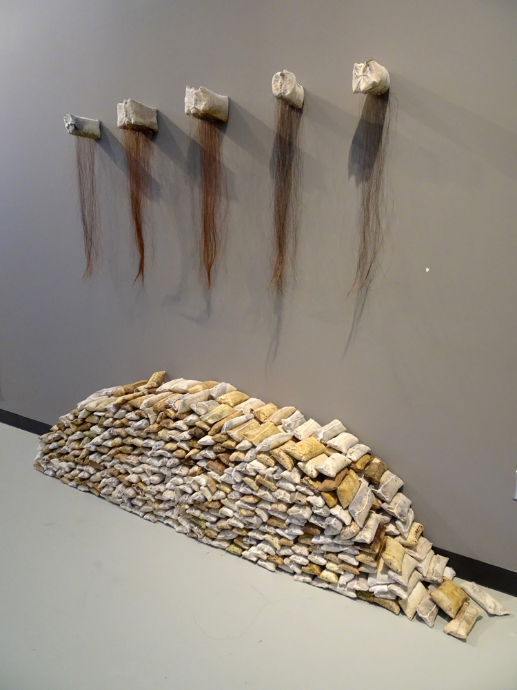 Untitled, 2015, 65x84x24inches, Plaster, latex, wool roving, horsehair, cheesecloth, thread, and coffee. Mounted and also placed on floor.