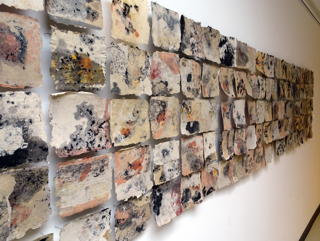 Hojas del Desierto, 2016, 66 H x 267 W x 3.5 D cm, Linen, Abaca, Cotton, Flax, Technique: Handmade paper, pulp painting. Wall Installation.