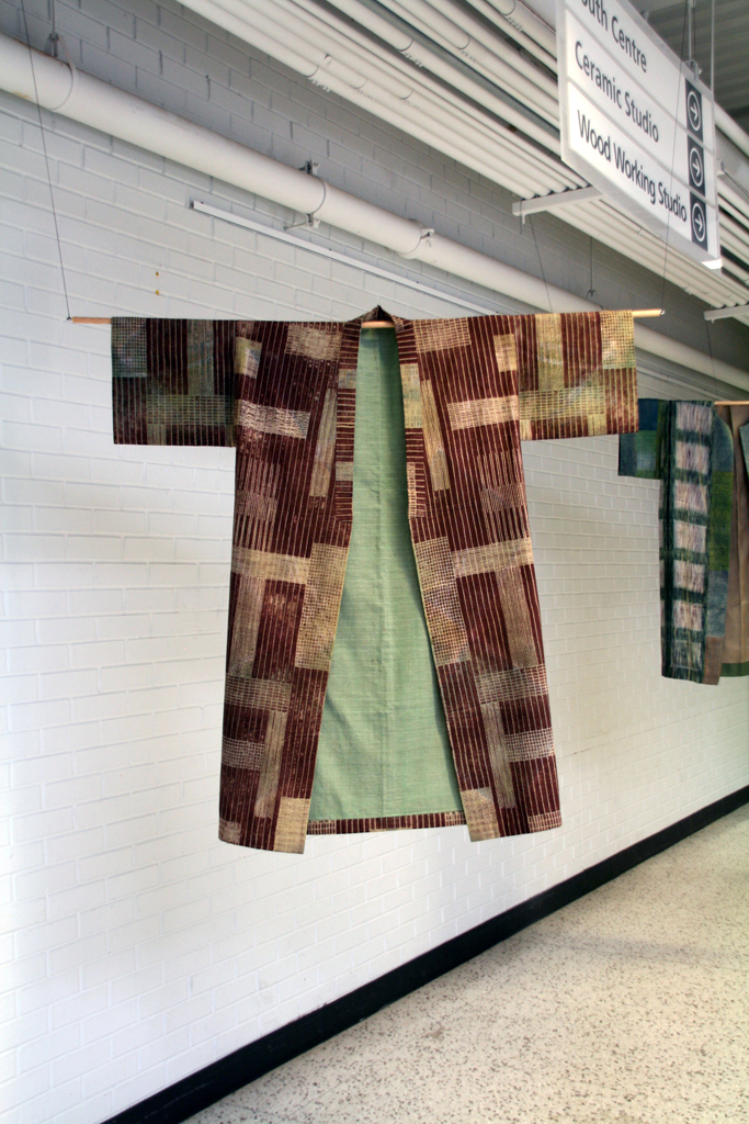 Patina Kimono, 2015, unisex, fine cotton, cotton linen lining, Technique: multiple stages of wash after stitch-resist, overdyeing, tea dyeing for the lining.