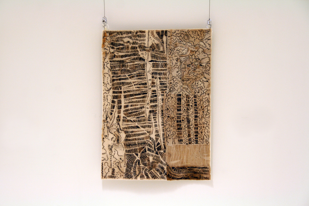 A Stream Runs Through It, 2015, 53.34cm H x 40.64cm W, cotton fabrics, wool thread, Technique: Fabric dyed naturally, hand embroidery.